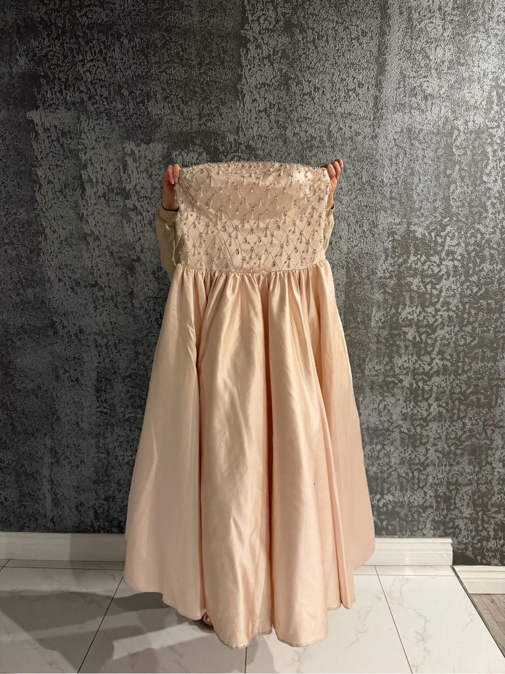 Mac Duggal Peach Strapless Beaded Formal Gown